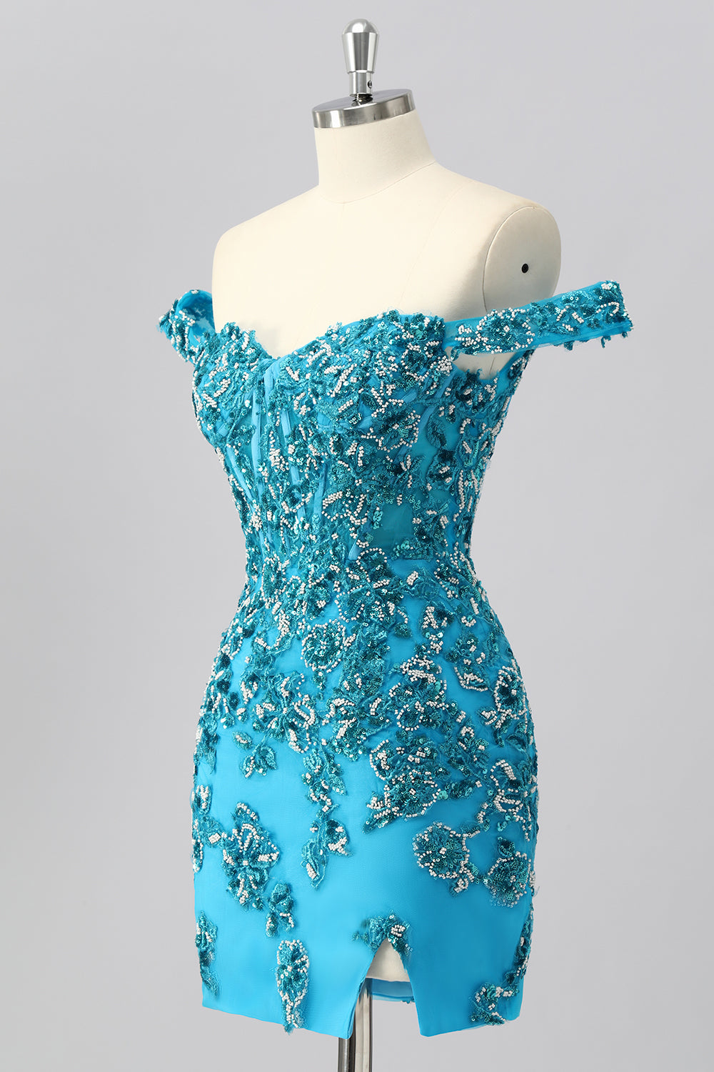 Sparkly Blue Corset Off the Shoulder Short Homecoming Dress with Beading