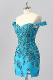 Sparkly Blue Corset Off the Shoulder Short Homecoming Dress with Beading