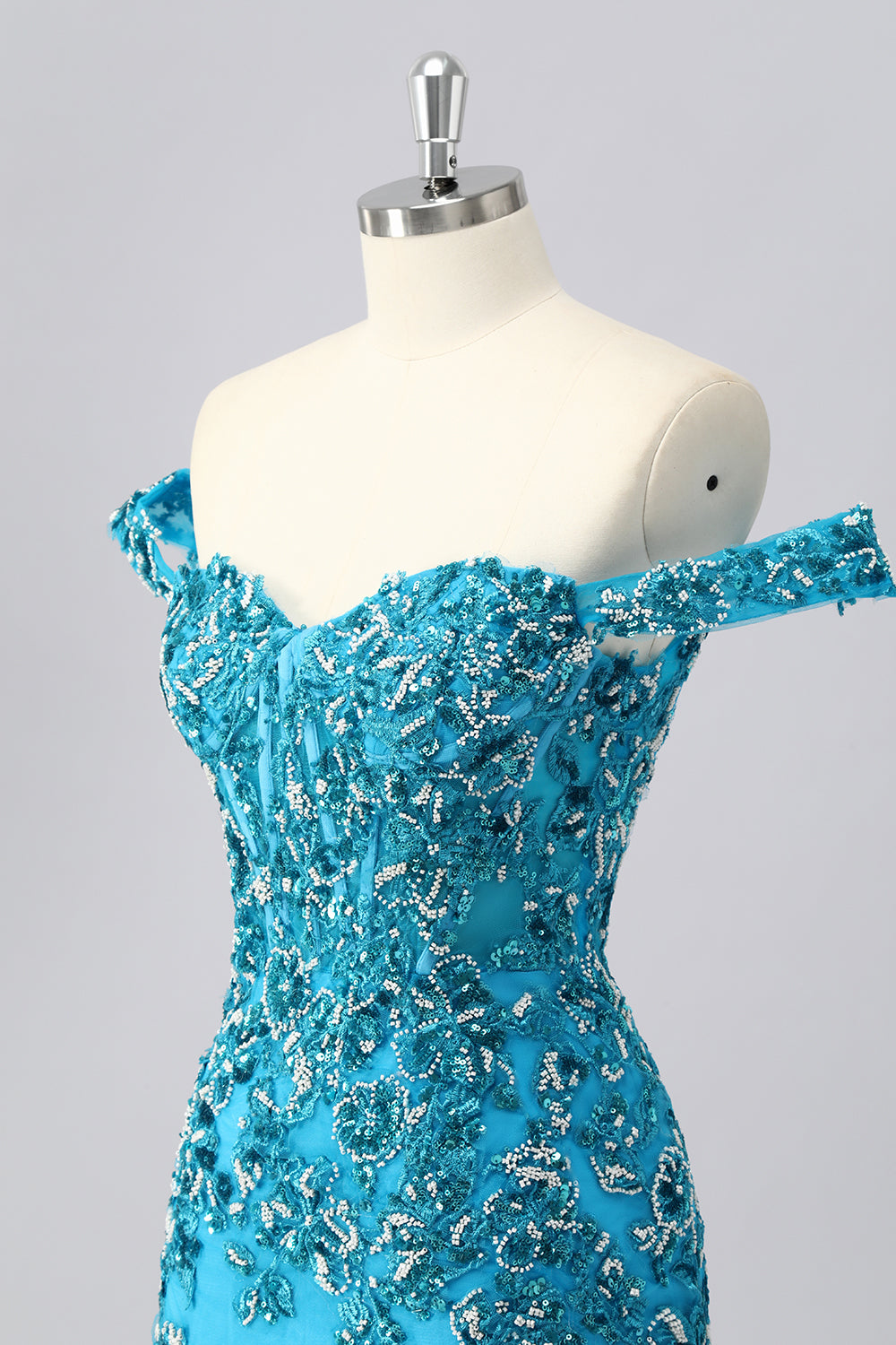 Sparkly Blue Corset Off the Shoulder Short Homecoming Dress with Beading