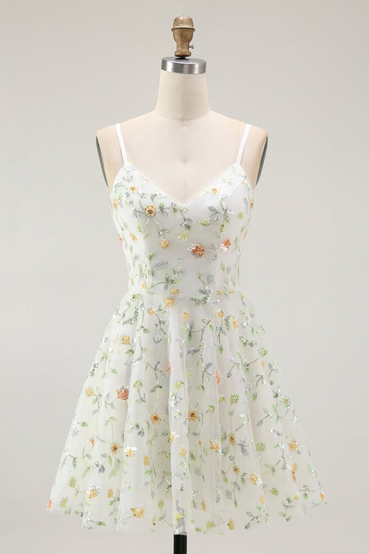 Sparkly Green Spaghetti Straps Floral Short Homecoming Dress with Sequins