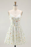 Sparkly Green Spaghetti Straps Floral Short Homecoming Dress with Sequins