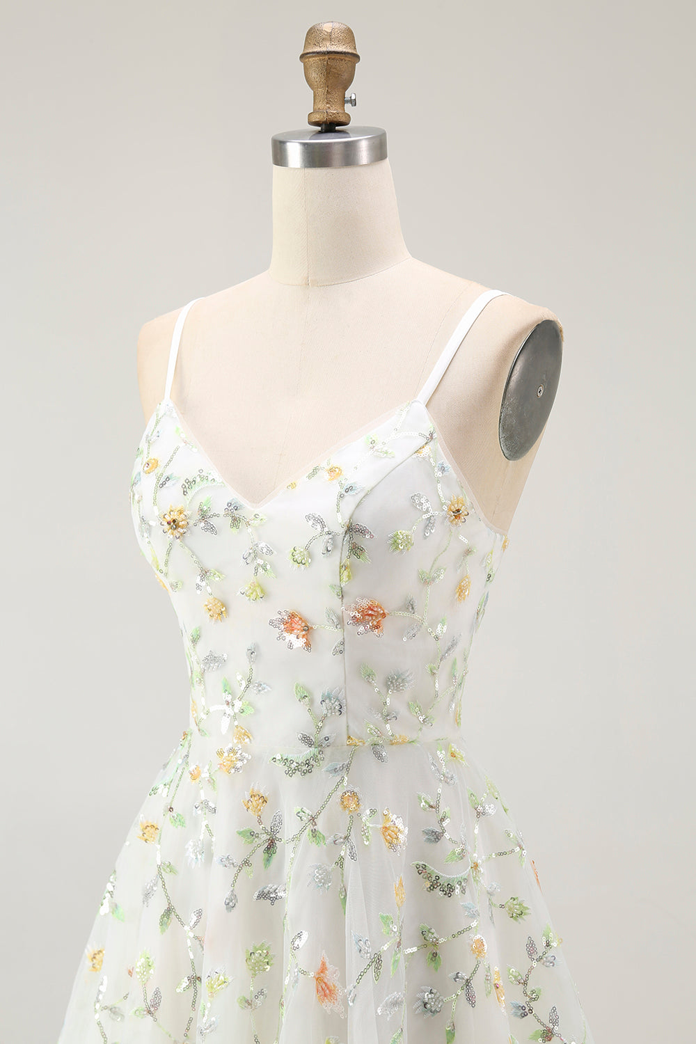 Sparkly Green Spaghetti Straps Floral Short Homecoming Dress with Sequins
