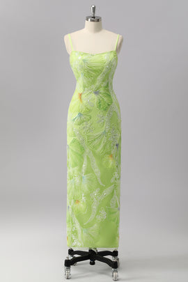 Sparkly Green Sheath Beaded Long Prom Dress with Slit