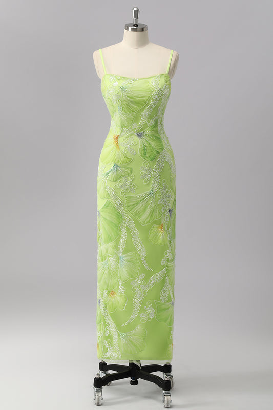 Sparkly Green Sheath Beaded Long Prom Dress with Slit