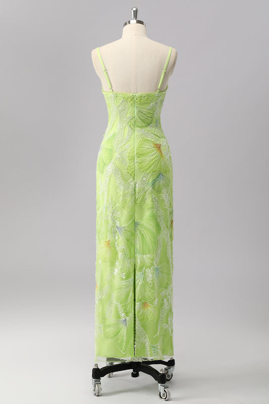 Sparkly Green Sheath Beaded Long Prom Dress with Slit