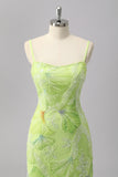 Sparkly Green Sheath Beaded Long Prom Dress with Slit