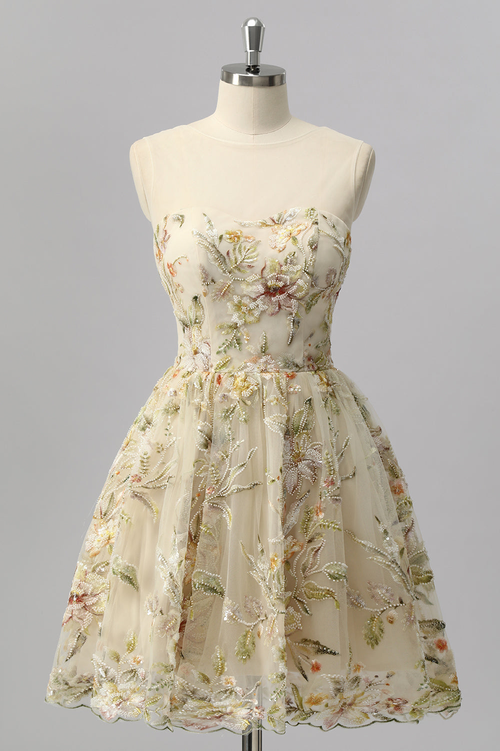 Sparkly Apricot Floral A Line Short Homecoming Dress with Beading