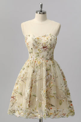 Sparkly Apricot Floral A Line Short Homecoming Dress with Beading