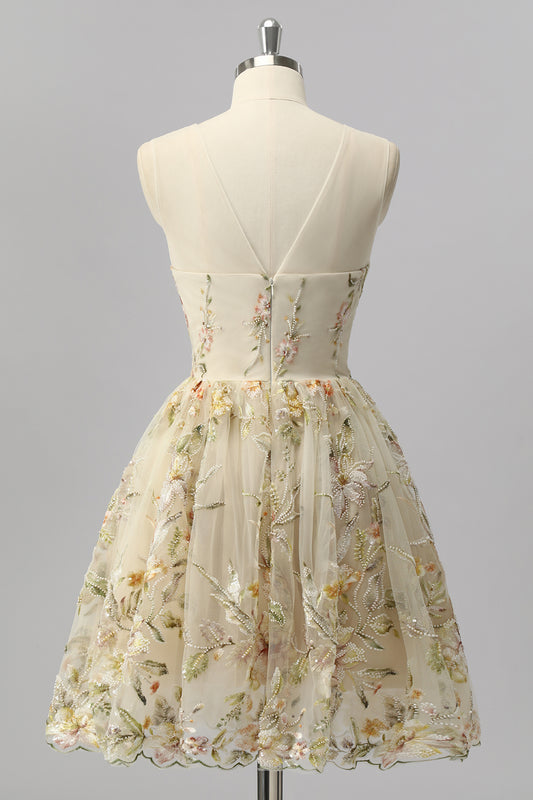 Sparkly Apricot Floral A Line Short Homecoming Dress with Beading