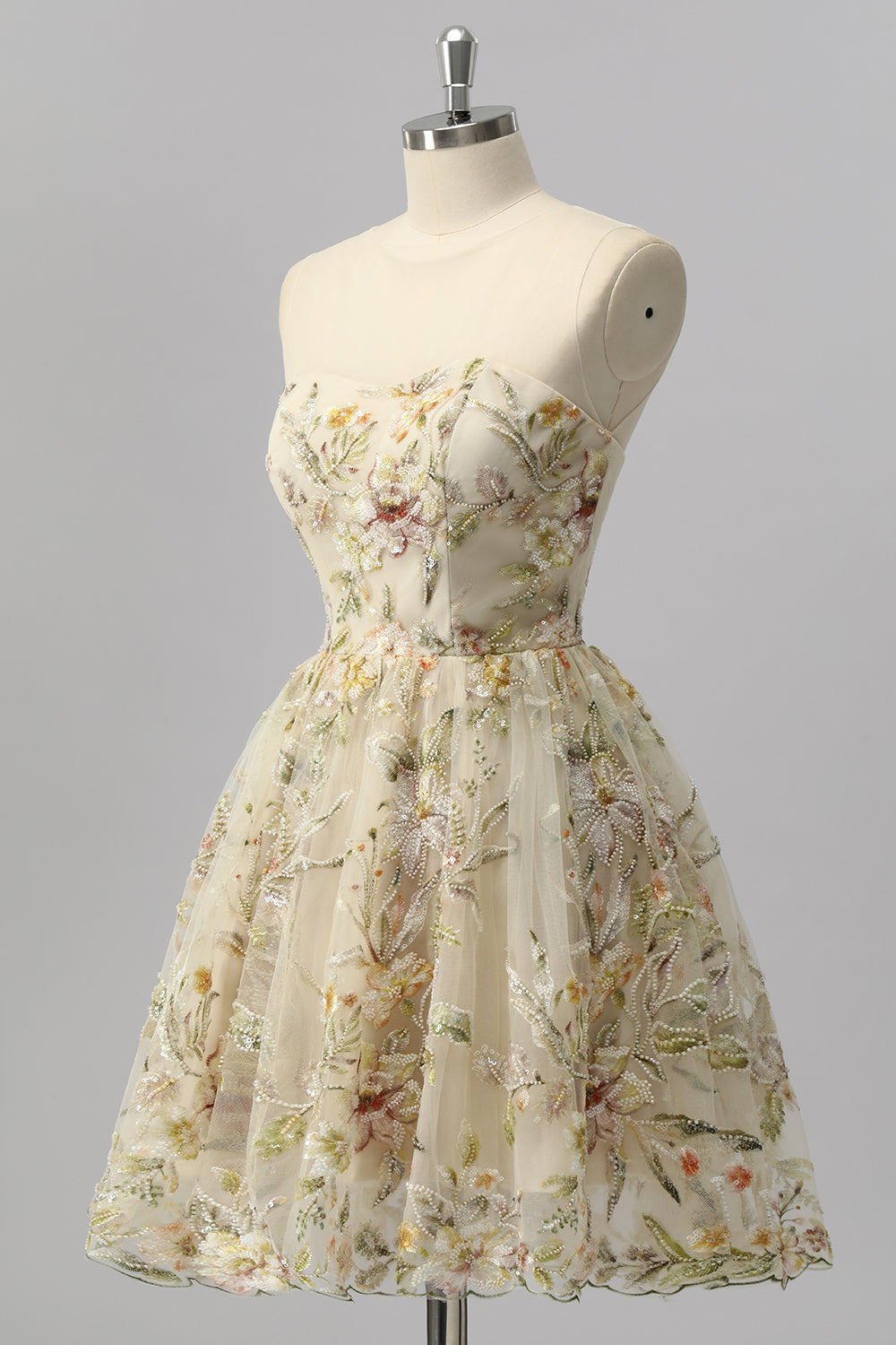 Sparkly Apricot Floral A Line Short Homecoming Dress with Beading