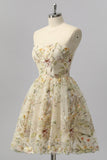 Sparkly Apricot Floral A Line Short Homecoming Dress with Beading