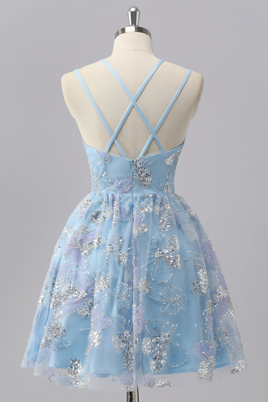 Blue Sparkly Spaghetti Straps Short Homecoming Dress with Sequins