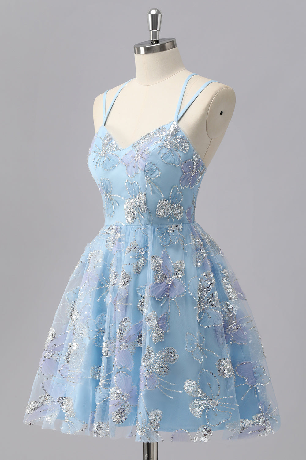 Blue Sparkly Spaghetti Straps Short Homecoming Dress with Sequins