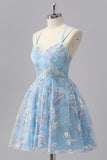 Blue Sparkly Spaghetti Straps Short Homecoming Dress with Sequins