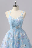 Blue Sparkly Spaghetti Straps Short Homecoming Dress with Sequins