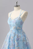 Blue Sparkly Spaghetti Straps Short Homecoming Dress with Sequins