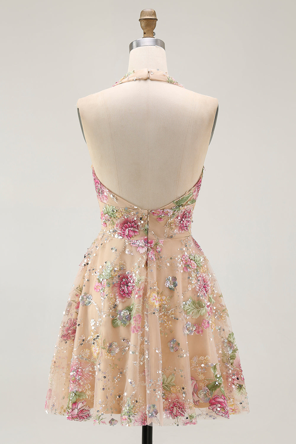 Zapakasa Women Sparkly Champagne Floral Short Homecoming Dress with Sequins Halter Backless A Line Cocktail Dress