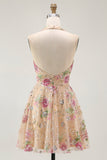 Sparkly Champagne Halter Floral Short Homecoming Dress with Sequins