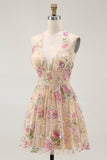 Sparkly Champagne Halter Floral Short Homecoming Dress with Sequins