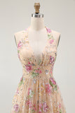 Sparkly Champagne Halter Floral Short Homecoming Dress with Sequins