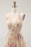 Sparkly Champagne Halter Floral Short Homecoming Dress with Sequins