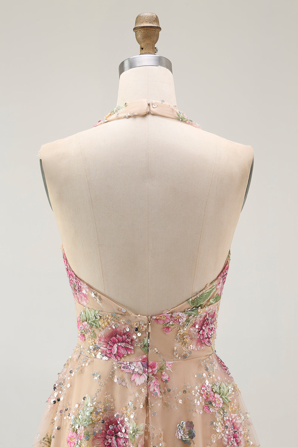 Sparkly Champagne Halter Floral Short Homecoming Dress with Sequins