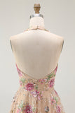 Sparkly Champagne Halter Floral Short Homecoming Dress with Sequins