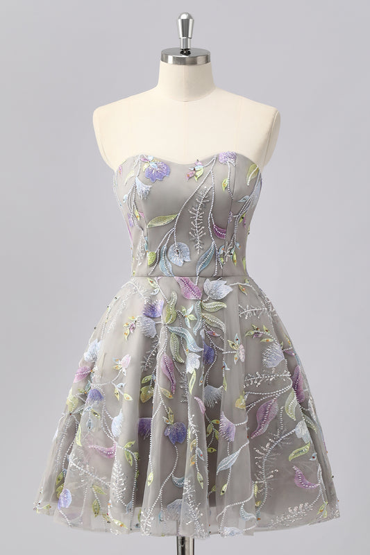 Sparkly Grey Sweetheart Floral Short Homecoming Dress with Beading