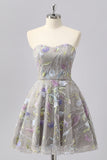 Sparkly Grey Sweetheart Floral Short Homecoming Dress with Beading