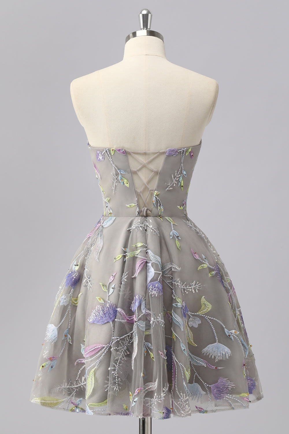 Sparkly Grey Sweetheart Floral Short Homecoming Dress with Beading