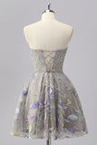 Sparkly Grey Sweetheart Floral Short Homecoming Dress with Beading