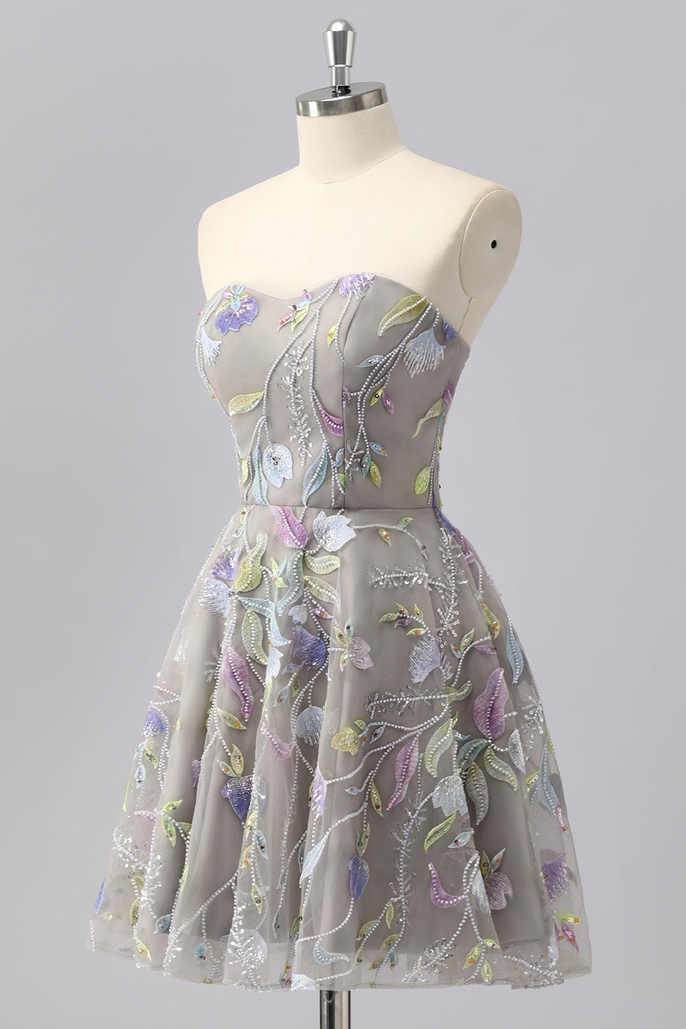 Sparkly Grey Sweetheart Floral Short Homecoming Dress with Beading