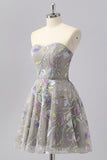 Sparkly Grey Sweetheart Floral Short Homecoming Dress with Beading