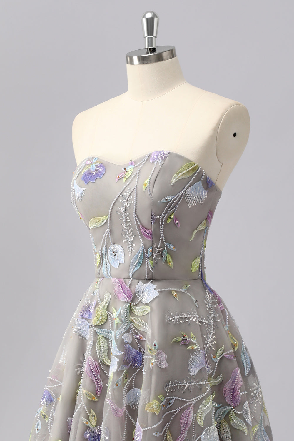 Sparkly Grey Sweetheart Floral Short Homecoming Dress with Beading