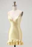 Sparkly Yellow Spaghetti Straps Satin Ruffled Tight Short Homecoming Dress with Beading