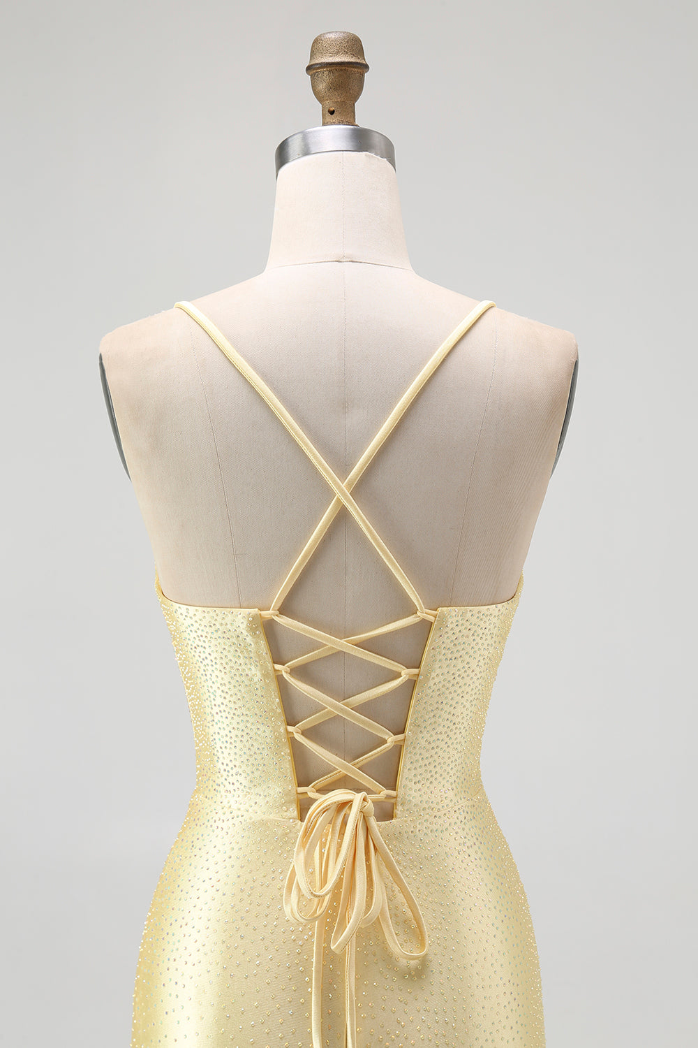 Sparkly Yellow Spaghetti Straps Satin Ruffled Tight Short Homecoming Dress with Beading