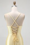 Sparkly Yellow Spaghetti Straps Satin Ruffled Tight Short Homecoming Dress with Beading