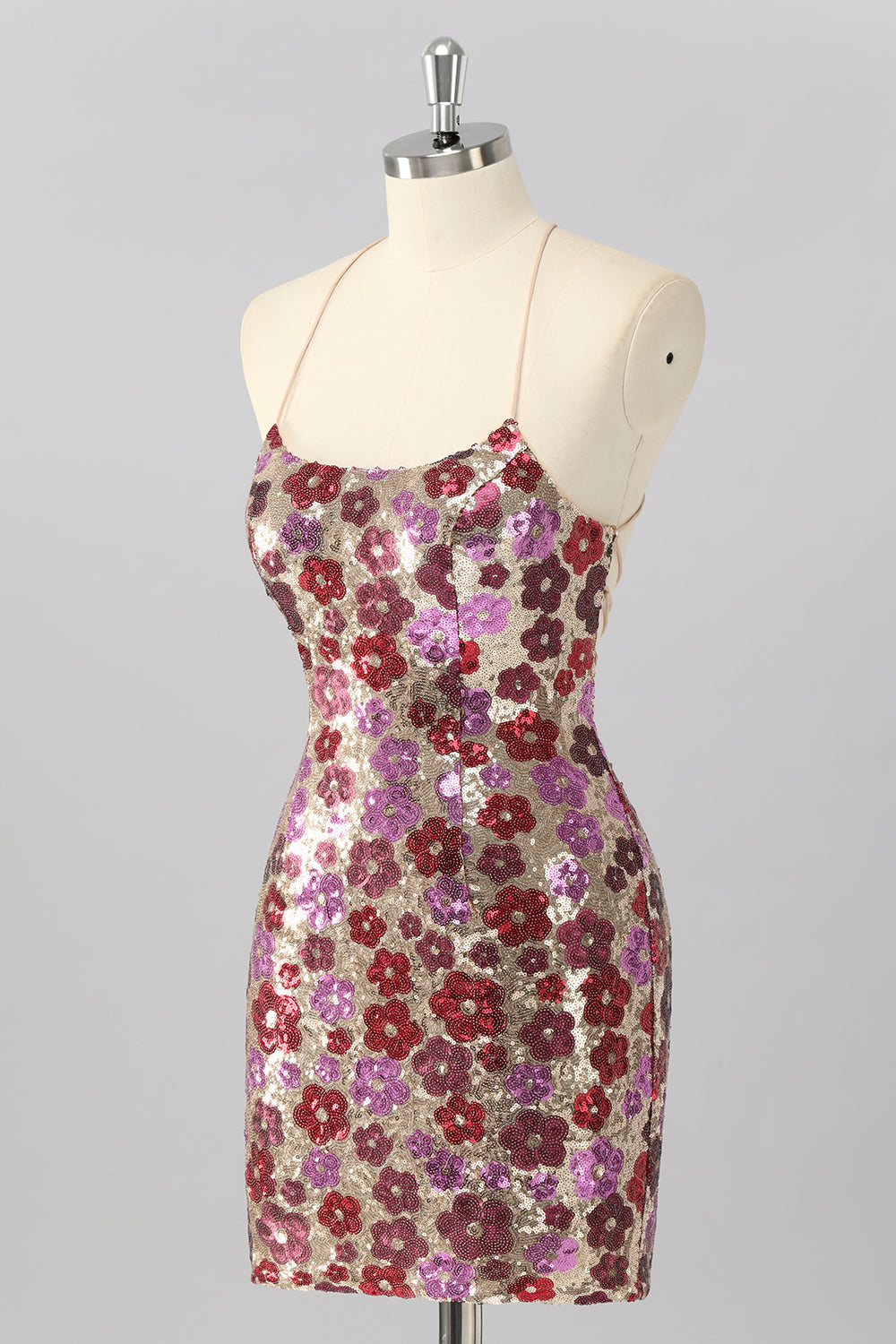 Sparkly Red Floral Sequin Tight Backless Short Homecoming Dress