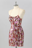 Sparkly Red Floral Sequin Tight Backless Short Homecoming Dress