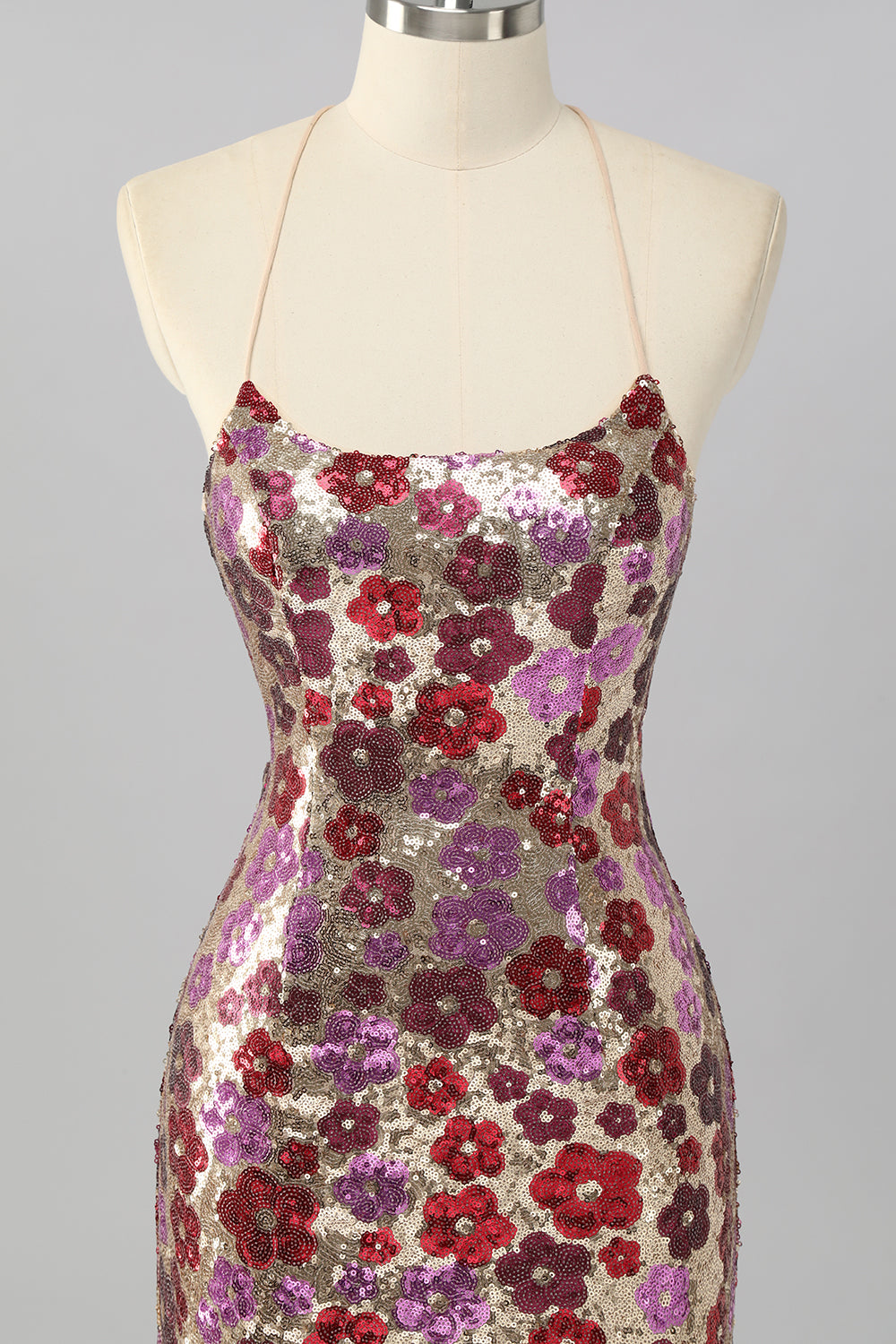 Sparkly Red Floral Sequin Tight Backless Short Homecoming Dress
