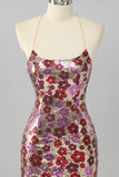 Sparkly Red Floral Sequin Tight Backless Short Homecoming Dress