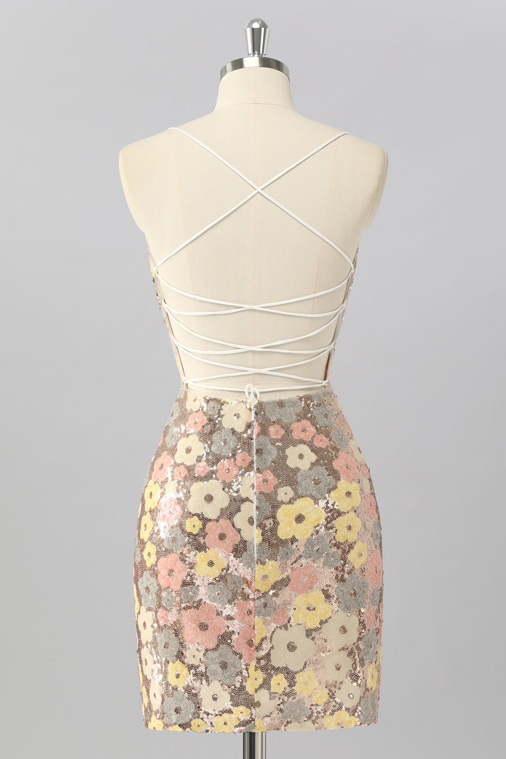 Sparkly Yellow Sequin Floral Backless Tight Short Homecoming Dress