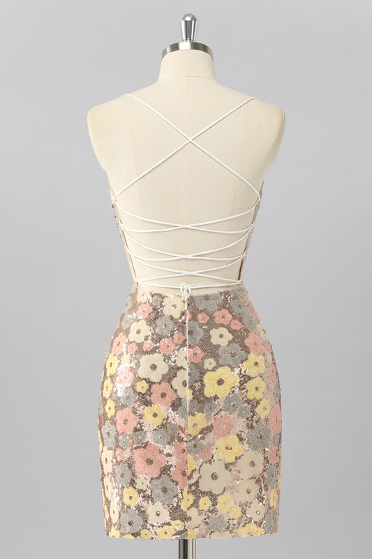 Sparkly Yellow Sequin Floral Backless Tight Short Homecoming Dress