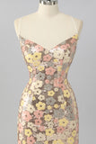 Sparkly Yellow Sequin Floral Backless Tight Short Homecoming Dress