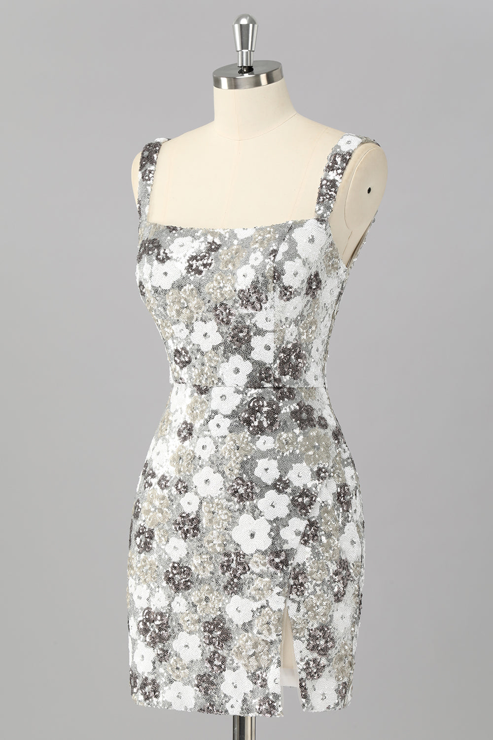 Sparkly Silver Sequins Tight Short Homecoming Dress with Slit