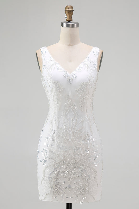 Sparkly White V-Neck Tight Short Homecoming Dress with Beading