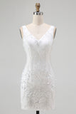 Sparkly White V-Neck Tight Short Homecoming Dress with Beading