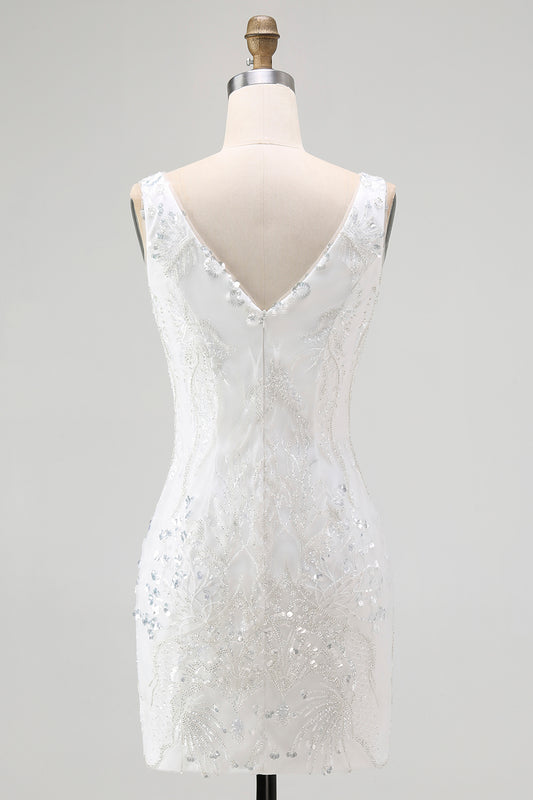 Sparkly White V-Neck Tight Short Homecoming Dress with Beading
