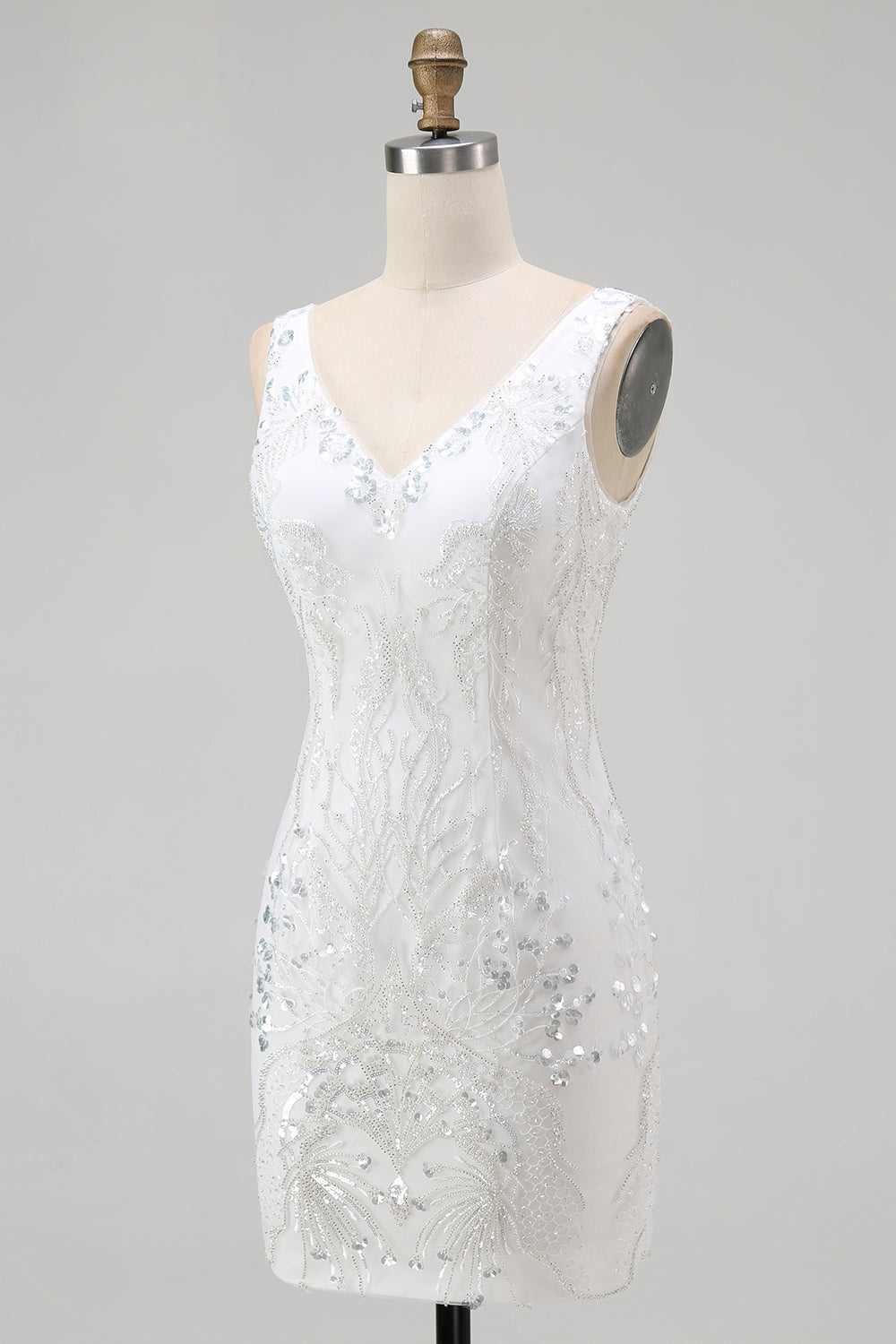 Sparkly White V-Neck Tight Short Homecoming Dress with Beading