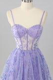 Sparkly Purple Corset A Line Floral Short Homecoming Dress